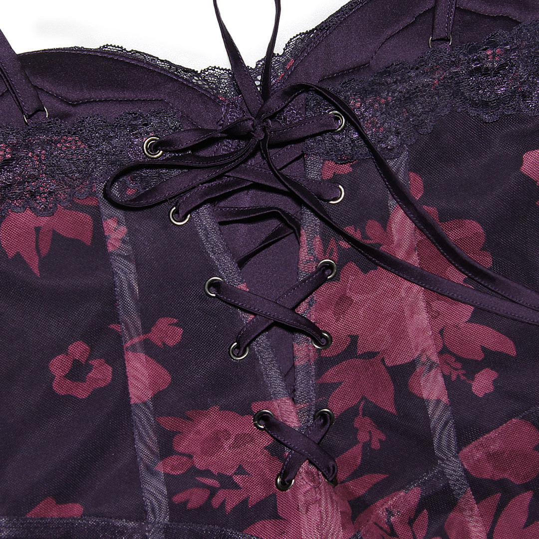 Daphne - Maxivestido vintage de estampado floral con paneles de malla y espalda de encaje