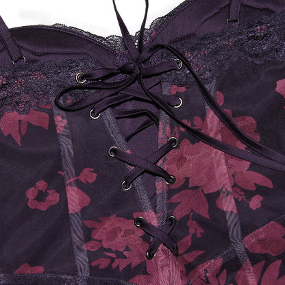 Daphne - Maxivestido vintage de estampado floral con paneles de malla y espalda de encaje